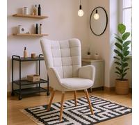 FURNISH 1 Fauteuil Beige avec Assise Confortable Dossier Épais pour la Maison et les Salons de Beauté Fauteuil de Coiffure Scandinave avec Accoudoirs en Tissu Pieds en Bois Durables le Salon Quotidien