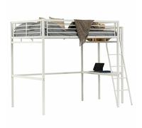 FURNISH 1 Lit Mezzanine Double avec Cadre en Métal et Bureau en Verre Intégré pour Chambre, Lit Superposé Blanc avec Sommier à Lattes, Garde-Corps de Sécurité pour Enfants 140x190cm (sans Matelas)