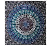 FURNISHFUL FINESSE Tapisserie mandala paon pour chambre à coucher, style indien, bohème, tentures murales, hippie, psychédélique, décoration de chambre, couvre-lit, tapis de yoga, 76 x 102 cm, bleu