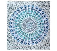 FURNISHFUL FINESSE Tapisserie mandala paon pour chambre à coucher, style indien, bohème, tentures murales, hippie, psychédélique, décoration de chambre, couvre-lit, tapis de yoga, 76 x 102 cm, bleu