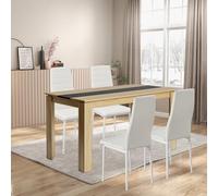 FURNITABLE Ensemble de salle à manger avec 4 chaises et 4 chaises rectangulaires en bois pour salon, cuisine, bureau (table de 140 x 70 cm + 4 chaises blanches)