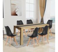 FURNITABLE Ensemble de salle à manger avec 6 chaises - Rectangulaire - En bois de 160 cm - Pour salon, cuisine, bureau (table chêne/noir + 6 chaises noires)