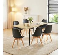 FURNITABLE Table à manger avec 6 chaises rectangulaires extensibles pour salon, cuisine, bureau - 160 x 80 x 75 cm - Table en chêne + 6 chaises noires