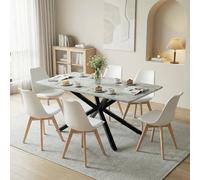 FURNITABLE Table à manger extensible avec 6 chaises rectangulaires, pour cuisine, salon, bureau, 120-160 cm (table + 6 chaises blanches)