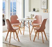 FURNITABLE Table à Manger Ronde ave 4 chaises- Ensemble de Meubles 5 pièces de Cuisine, Pieds en Hêtre Massif - Chaises Roses, Table Blanc