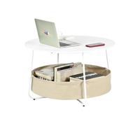 FURNITABLE Table Basse Ronde avec Rangement, Cadre en métal et Panier en Tissu, Blanc, 75 cm, pour Salon, Balcon et Bureau