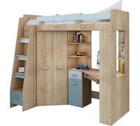 FurnitureByJDM Lit Mezzanine avec Bureau, Armoire et Rangements - Chambre Complète Enfant - Ensemble Gain de Place 80x200 cm - Escalier à Gauche (Chêne Sonoma/Bleu Ciel)