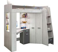FurnitureByJDM Lit Mezzanine avec Bureau, Armoire et Rangements - Chambre Complète Enfant - Ensemble Gain de Place 80x200 cm - Escalier à Droite (Craft Blanc/Graphite)