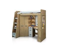 FurnitureByJDM Lit Mezzanine avec Bureau, Armoire et Rangements - Chambre Complète Enfant - Ensemble Gain de Place 80x200 cm - Escalier à Gauche (Chêne Artisan/Blanc)