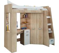 FurnitureByJDM Lit Mezzanine avec Bureau, Armoire et Rangements - Chambre Complète Enfant - Ensemble Gain de Place 80x200 cm - Escalier à Droite (Chêne Sonoma/Blanc)