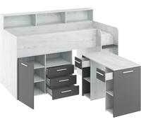 FurnitureByJDM Lit Mi Hauteur Enfant 80x200 - Lit Mezzanine avec Bureau, Tiroirs, étagères et Bibliothèque - Gain de Place 80x200 cm - Escalier à Droite - Neo (Craft Blanc/Graphite)
