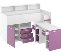 FurnitureByJDM Lit Mi Hauteur Enfant 80x200 - Lit Mezzanine avec Bureau, Tiroirs, étagères et Bibliothèque - Gain de Place 80x200 cm - Escalier à Droite - Neo (Blanc/Lavande)