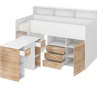 FurnitureByJDM Lit Mi Hauteur Enfant 80x200 - Lit Mezzanine avec Bureau, Tiroirs, étagères et Bibliothèque - Gain de Place 80x200 cm - Escalier à Gauche - Neo (Blanc/Chêne Sonoma)