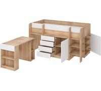 FurnitureByJDM Lit Mi-Hauteur Enfant 90x200cm - Lit Mezzanine avec Bureau, Tiroirs Et étagère - Gain de Place- Escalier à Droite - Smile (Chêne Sonoma/Blanc)