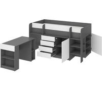 FurnitureByJDM Lit Mi-Hauteur Enfant 90x200cm - Lit Mezzanine avec Bureau, Tiroirs Et étagère - Gain de Place- Escalier à Droite - Smile (Graphite/Blanc)