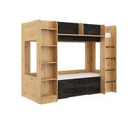 FurnitureByJDM Lit Superposé 2 Places 80x200 cm - Double Lit Enfant avec Rangement & étagère à Livres et Barrière de Sécurité Everest (Artisan Béton Noir, Échelle à Droite)