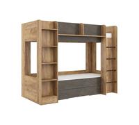 FurnitureByJDM Lit Superposé 2 Places 80x200 cm - Double Lit Enfant avec Rangement & étagère à Livres et Barrière de Sécurité Everest (Chêne Craft Doré Granada Brun, Échelle à Droite)