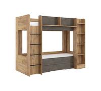 FurnitureByJDM Lit Superposé 2 Places 80x200 cm - Double Lit Enfant avec Rangement & étagère à Livres et Barrière de Sécurité Everest (Chêne Craft Doré Granada Brun,Échelle à Gauche)