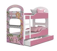 FurnitureByJDM Lit Superposé Enfant 160x80 cm - 2 Matelas Inclus, Tiroir de Lit avec Rangement 2 Places, Barrière de Sécurité - Design Cabane - Placage Coloré - David 2 (Princesse de Rose)
