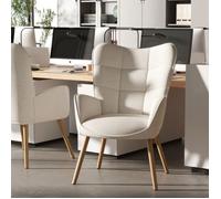 FurnitureR 1pcs Fauteuil de Bureau, Tissu Beige avec Dossier Haut Ergonomique et Pieds en Bois de Hêtre, H45cm, 61 x 72 x 88cm