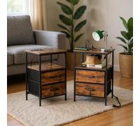 FurnitureR 2PCS Bouts de Canapé de Salon, Table D'appoint avec Multi-Coloured LED, 2 AC Sockets, 2 USB Ports of Drawers, 2 Tiroirs en Tissu, Style Industriel Rétro Marron, 40 x 30 x 60cm