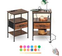 FurnitureR 2PCS Petite Table de Nuit/Armoire de Rangement, Table D'appoint, 2 AC Sockets, 2 USB Ports Commode de Style Industriel Vintage, avec LED Multicolores, Tiroirs en Tissu, Etagères
