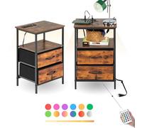 FurnitureR 2PCS Petite Table de Nuit/Armoire de Rangement, Table D'appoint, 2 AC Sockets, 2 USB Ports Commode de Style Industriel Vintage, avec LED Multicolores, 2 Tiroirs en Tissu