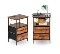 FurnitureR 2PCS Table D'appoint, Armoire de Rangement avec Multi-Coloured LED, 2 AC Sockets, 2 USB Ports of Drawers, 2 Tiroirs en Tissu, Style Industriel Rétro Marron, 40 x 30 x 60cm