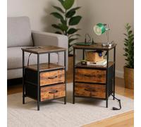 FurnitureR 2PCS Tables Consoles de Salon, Table D'appoint avec Multi-Coloured LED, 2 AC Sockets, 2 USB Ports of Drawers, 2 Tiroirs en Tissu, Style Industriel Rétro Marron, 40 x 30 x 60cm