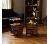 FurnitureR 2PCS Tables de Canapé, Armoire de Rangement avec Multi-Coloured LED, 2 AC Sockets, 2 USB Ports of Drawers, 2 Tiroirs en Tissu, Style Industriel Rétro Marron, 40 x 30 x 60cm