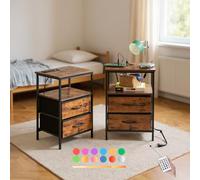 FurnitureR 2PCS Tables de Chevet pour Jeunes, Table D'appoint avec Multi-Coloured LED, 2 AC Sockets, 2 USB Ports of Drawers, 2 Tiroirs en Tissu, Style Industriel Rétro Marron, 40 x 30 x 60cm
