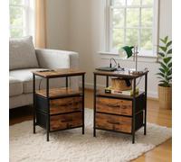 FurnitureR 2PCS Tables pour Téléphone, Armoire de Rangement avec Multi-Coloured LED, 2 AC Sockets, 2 USB Ports of Drawers, 2 Tiroirs en Tissu, Style Industriel Rétro Marron, 40 x 30 x 60cm