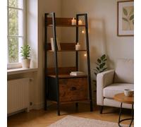 FurnitureR Bibliothèque échelle à 4 Niveaux, 42 x 29 x 110 cm, avec tiroir en Tissu, étagères en Bois de 12 mm et Cadre en métal de 20 mm, paroi arrière de 7,5 cm, étagère élégante pour Salon dans Un