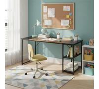 FurnitureR Bureau Chambre Enfant/Ado, 140 x 60cm, Plateau Bi-Couleur Rétro Marron et Noir, 2 Etagères Latérales-Réglage en Hauteur, Structure en Métal, Grands Espaces Rangement