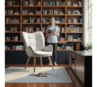 FurnitureR Chaises de Bureau Décontracté, Fauteuil de Scandic, Tissu Beige avec Dossier Haut à Carreaux et Pieds en Bois de Hêtre, H45cm, pour Les Discussions au Bureau, l'accueil et Les Consultation