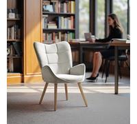 FurnitureR Chaises de Réception, Fauteuil de Scandic, Tissu Beige avec Dossier Haut à Carreaux et Pieds en Bois de Hêtre, H45cm, pour Les Discussions au Scolaire, l'accueil et Les Consultation