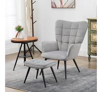 FurnitureR Fauteuil à Oreilles, avec Tabouret, Fauteuil de Relaxation, rembourré, Aspect Velours, pour la télévision, la Salle à Manger, jusqu'à 120 kg, Gris Clair