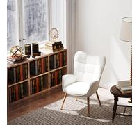 FurnitureR Fauteuils de Salon, Tissu Beige avec Dossier Haut à Carreaux et Pieds en Bois de Hêtre, H45cm, Fauteuil de Lecture Décontracté pour la Chambre à Coucher, Le Balcon et Le Jardin, 61x72x88cm