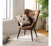 FurnitureR Fauteuils et Chaises pour Salon, Suède Marron avec Dossier Haut à Carreaux et Pieds en Métal Noir, H45cm, Fauteuil de Loisirs pour Chambre à Coucher, Terrasse, Véranda, Jardin, 61x72x88cm