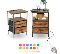 FurnitureR Lot de 2 Tables de Chevet avec Fonction de Charge LED, 2 Ports AC, 2 Ports USB, Table d'appoint avec 2 tiroirs. Tables de Fin pour Salon, Chambre à Coucher, Marron Vintage, 40 x 30 x 60 cm