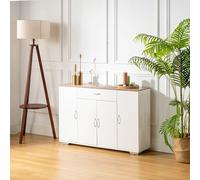 FurnitureR Meuble de Rangement Entrée, Plateau MDF, 4 Portes 1 Tiroir Stockage Polyvalent, Étagères Réglables, Buffet Bas Blanc Lin, Style Scandinave, pour Salon, Entrée, Couloir, 110 x 30 x 70cm