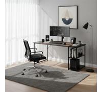 FurnitureR Poste de Travail Informatique, Bi-Matière Métal/Bois, 2 Niveaux de Rangement Pratique-Réglage en Hauteur, Grand Espace Travail, Combinaison Unique de Brun Rétro et de Noir, Table 140 x 60cm