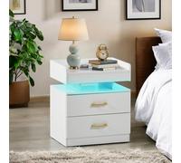 FurnitureR Table de Chevet Moderne, Table de Nuit avec Poignées Dorées, Plateau Flottant avec LED, 2 Prises & 2 USB, Blanc avec 2 Tiroirs de Rangement, 45 x 35 x 52cm