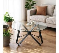 FurnitureR Tables de Salon, Table Basse Ronde Minimaliste avec Plateau en Verre Trempé, Base Artistique en Forme de Papillon, pour la Maison, Le Salon, Le Patio, Le Jardin, 80 x 80 x 40 cm