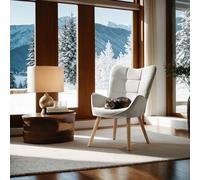 FurnitureR Tabourets de Salon, Tissu Beige avec Dossier Haut Ergonomique et Pieds en Bois de Hêtre, H45CM, Fauteuil de Lecture Décontracté Adapté au Bureau, à la Chambre à Coucher, 61 x 72 x 88cm