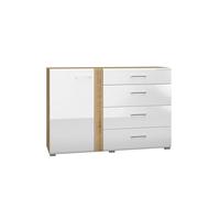 FURNLUX Adagio Buffet brillant blanc pur et chêne 134 x 42 x 90 cm, avec 1 porte, 2 étagères et 4 tiroirs, panneau de particules/MDF