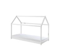 FURNLUX Cabane Lit pour enfant 90 x 200 cm, blanc, design près du sol, en bois de pin massif, 98 x 206 x 142 cm, avec sommier à lattes et matelas de 10 cm