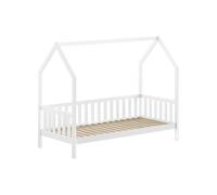 FURNLUX Cabane Lit pour enfant avec rail, 90 x 200 cm, design de lit d'intérieur, blanc, bois de pin, 98 x 208 x 169 cm