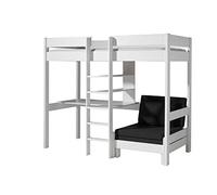 FURNLUX Lit mezzanine Pino, 106 x 209 x 175 cm, pour enfant, avec bureau et canapé-lit, blanc, pin scandinave, sommier à lattes et matelas inclus