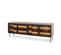 FURNLUX LUMI Buffet chêne foncé et noir, panneau de particules laminé avec verre antisol, 181 x 39 x 62 cm, 4 portes en verre, meuble de salon